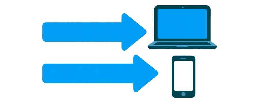 Illustration: two straight blue arrows side by side, one ending at a laptop and one at a smartphone