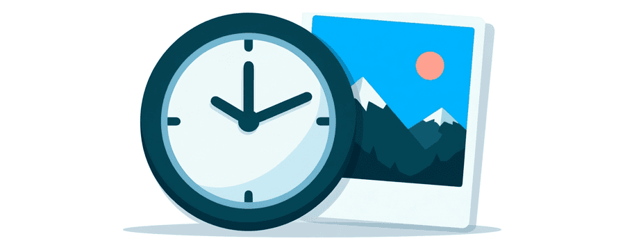 Illustration: a plain round clock face lying beside a single photo card