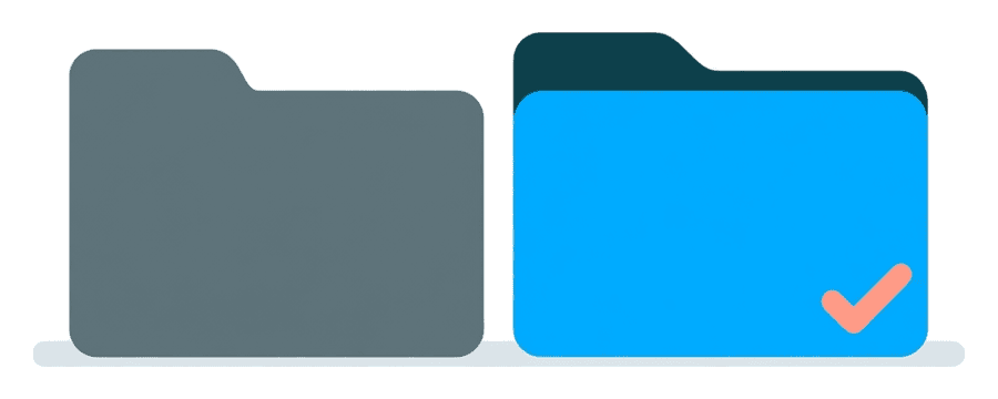 Illustration: two file cards side by side, the left one grey and the right one blue with a tick