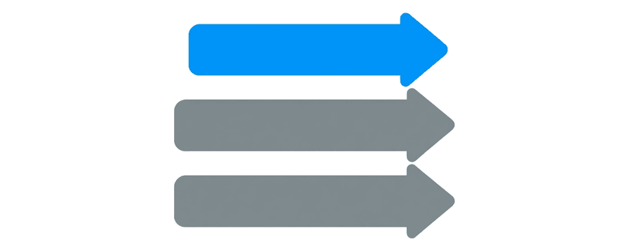 Illustration: three stacked arrows, the top one short and blue, the two below longer and grey