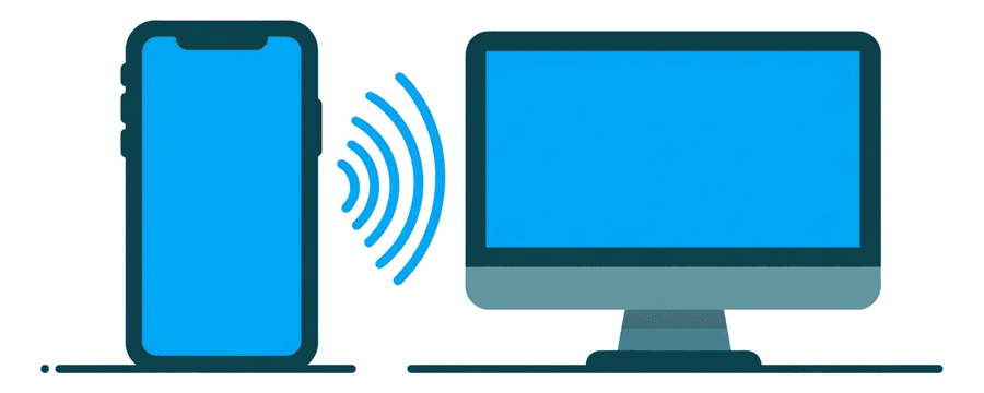 Illustration: a smartphone and a desktop monitor with blue signal arcs in the gap between them
