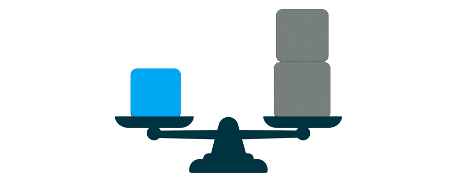Illustration: a balance scale with one small blue square on one side and a stack of grey squares on the other