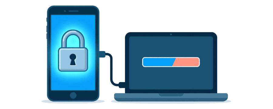 Illustration: an unlocked phone with an open padlock on its screen, cabled to a laptop showing a progress bar