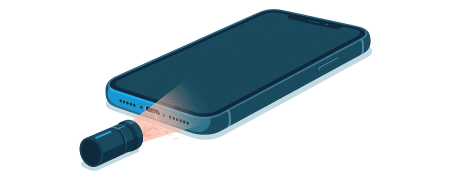 Illustration: a small flashlight shining into the charging port of a phone, lighting up specks of lint inside