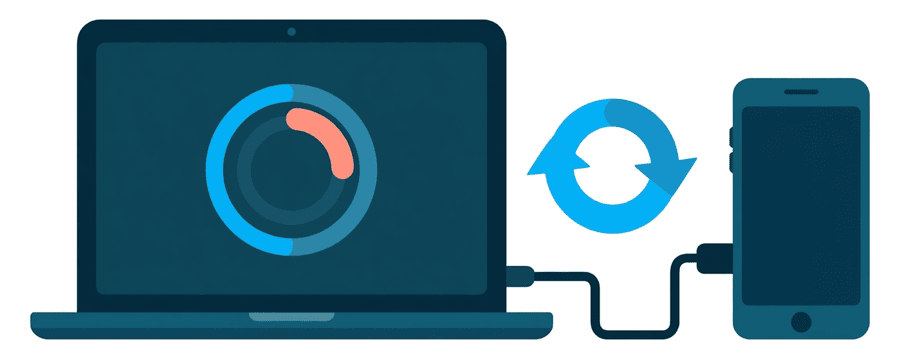 Illustration: a laptop showing a loading circle, cabled to a phone, with a circular refresh arrow between them