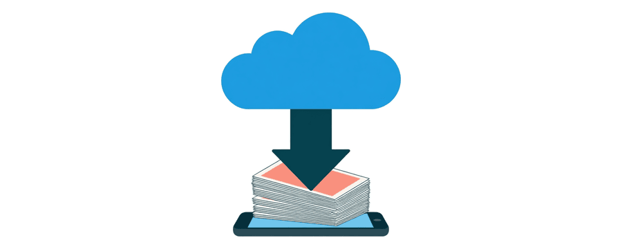 Illustration: a thick arrow carrying large photo cards down from a cloud onto a phone