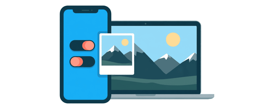 Illustration: a phone with two switches turned on, sliding a photo card to a laptop showing a landscape photo