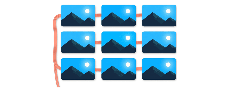 Illustration: a grid of nine small navy picture cards, each showing a simple mountain and sun landscape, with a short coral cable along the left edge