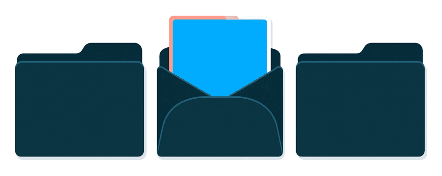 Illustration: three navy folders lying flat in a row, the middle one open with a blue picture card resting inside it