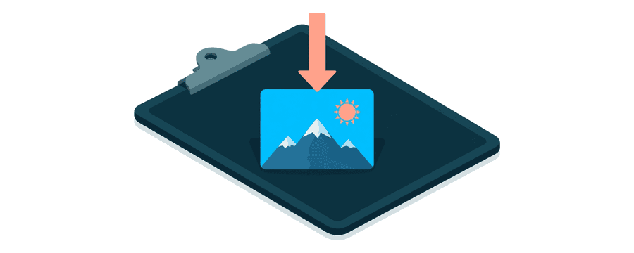 Illustration: a clipboard lying flat with a navy board, holding a blue picture card of a simple mountain and sun landscape, with a small coral arrow pointing down onto it