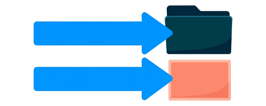 Illustration: two straight blue arrows side by side pointing right, the upper ending at a navy folder and the lower at a coral picture card