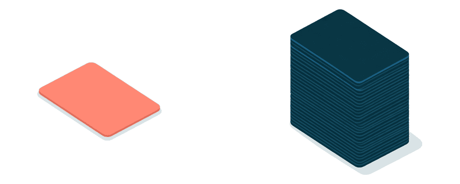 Illustration: one coral picture card at the left and a tall stack of many navy picture cards at the right, with a wide empty gap between them