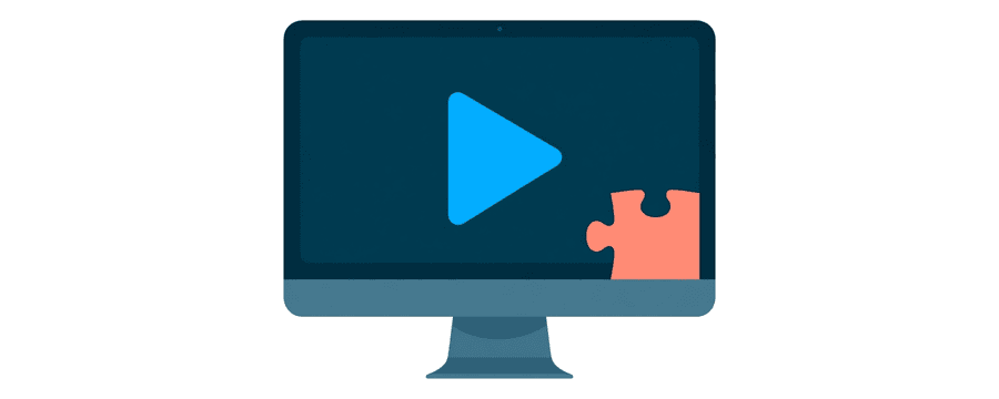 Illustration: a monitor showing a play triangle, with a puzzle piece slotting into the screen