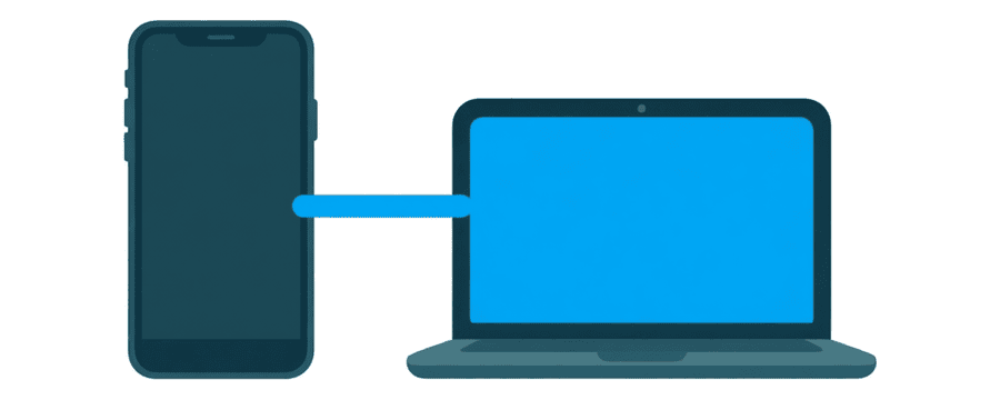 Illustration: a smartphone and a laptop side by side joined by one short straight blue line