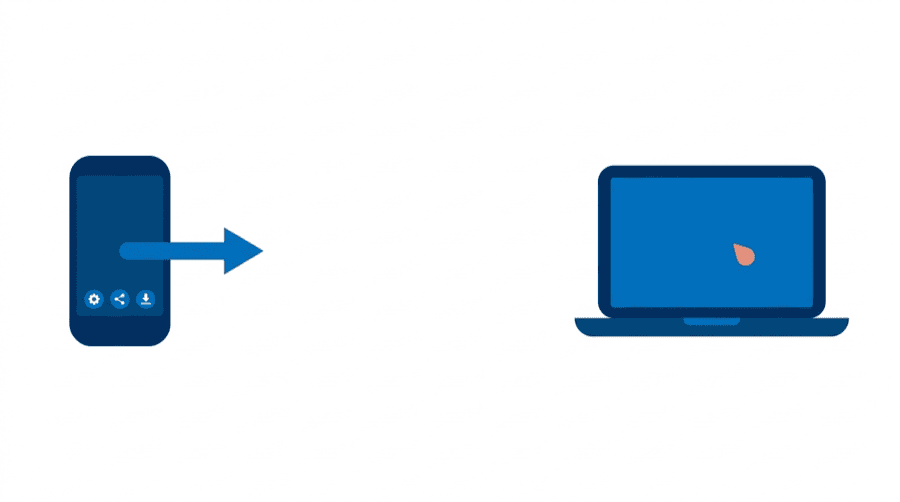 Illustration: a phone with control buttons reaching a distant laptop along one long arrow