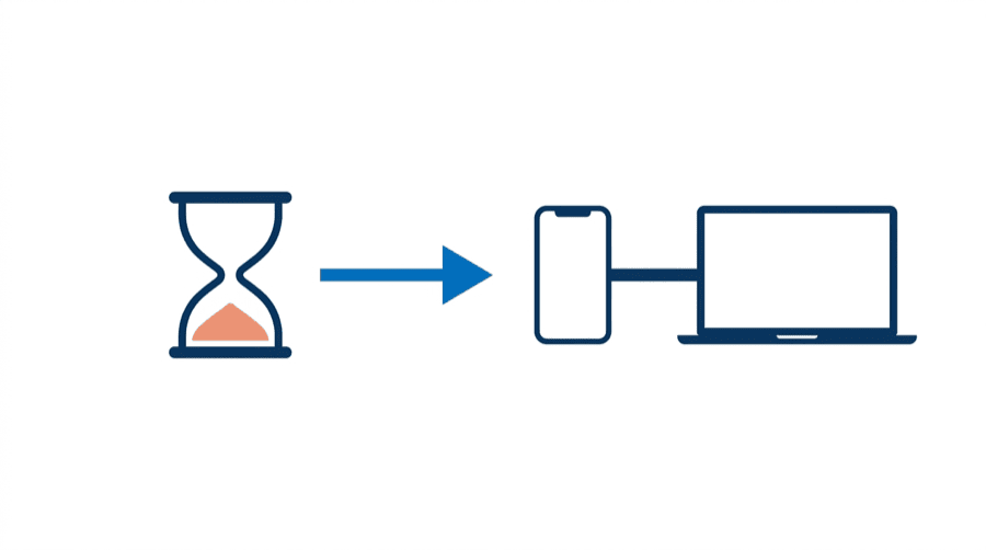Illustration: an hourglass on the left leading by an arrow to a phone and laptop joined by a completed link