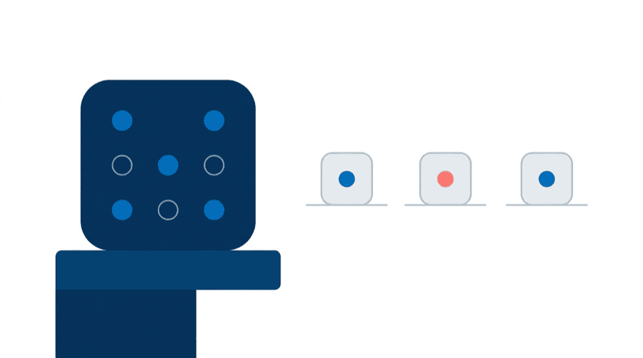 Illustration: one large tile with seven dots on a thick base, beside three small tiles with one dot each on hairlines