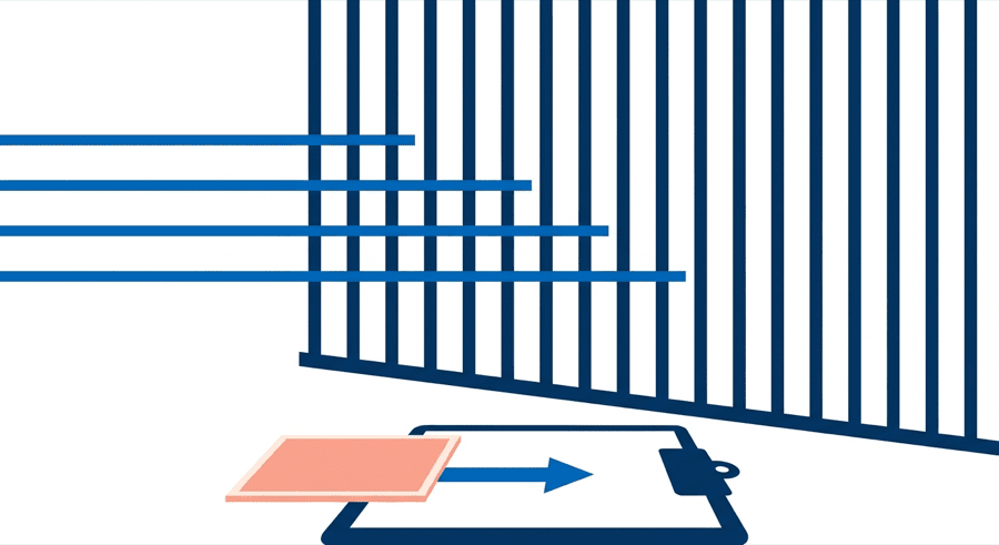 Illustration: a photo tile arriving on a clipboard in front of a tall barrier where four lines all stop dead