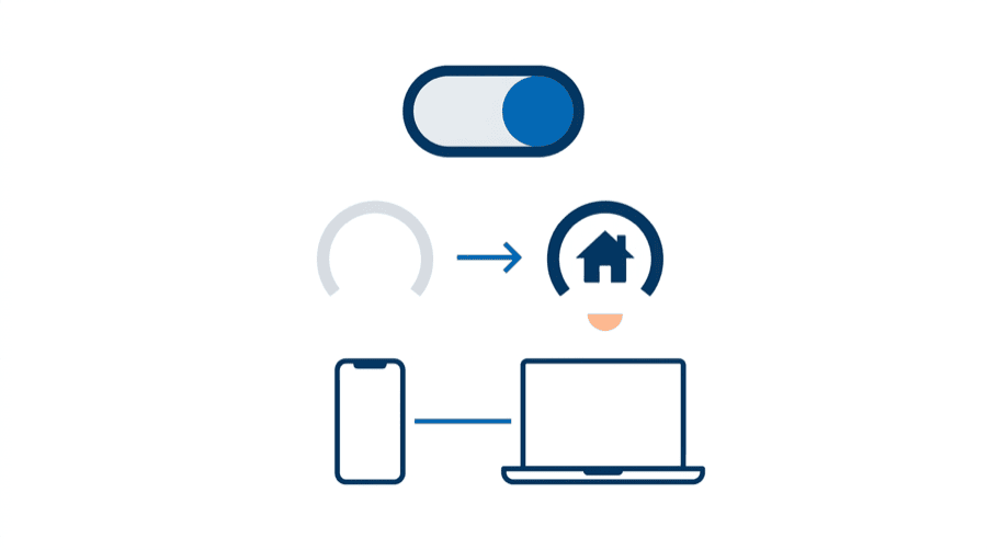 Illustration: a toggle switched on above a badge changing into a house outline, with a new link forming below