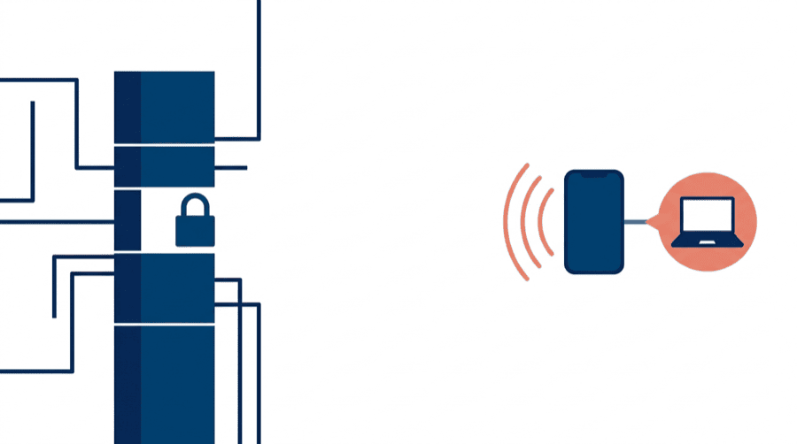 Illustration: a padlocked institutional block stopping lines on the left, and a phone making its own small bubble with a laptop on the right