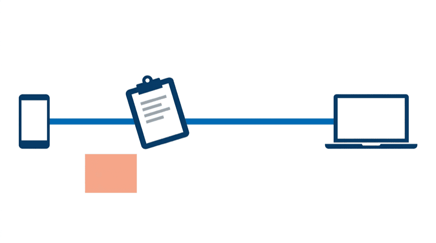 Illustration: a clipboard carrying short line marks between a phone and a laptop, with a photo tile left beside the path