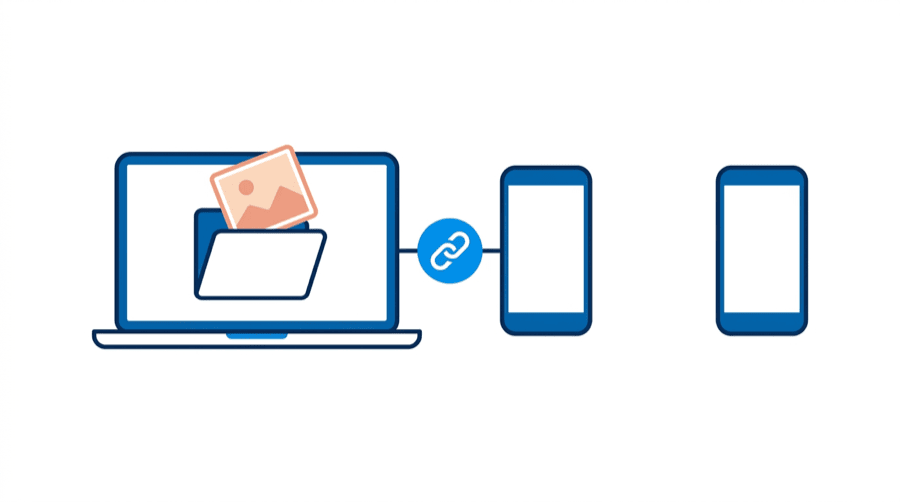Illustration: a photo tile resting in a folder on a laptop, joined by a link badge to one phone while another stands unlinked