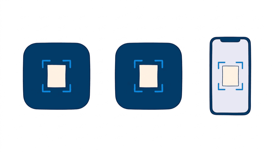Illustration: one small scan frame repeated inside two large app tiles and on a phone screen