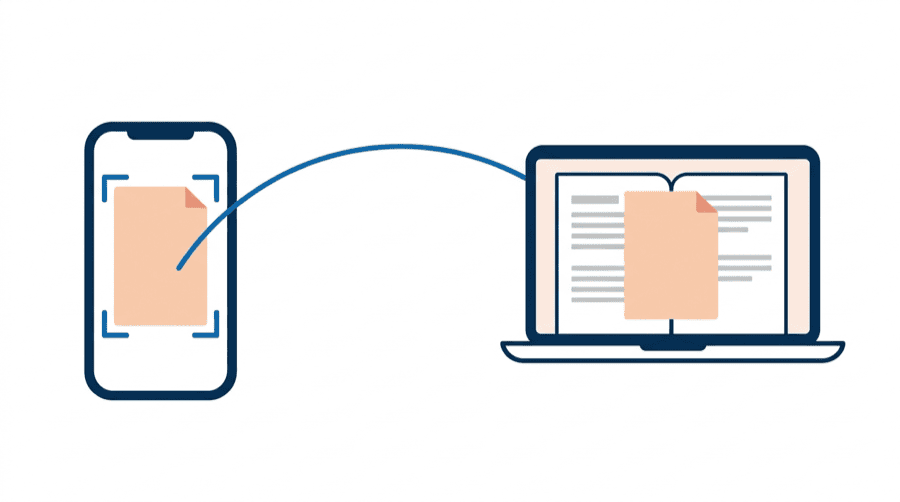 Illustration: a phone holding a page inside scan brackets, sending it along an arc into an open document on a laptop