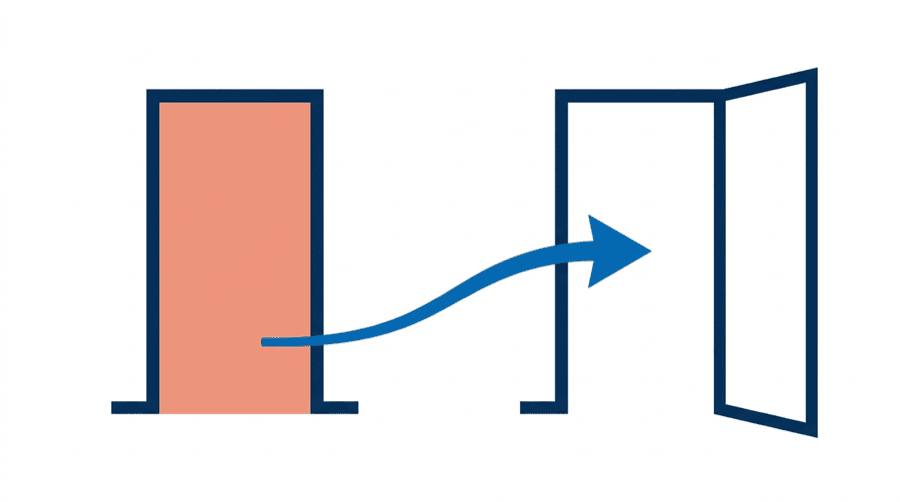 Illustration: a shut door beside an open one, with an arrow curving from the shut door to the open door across empty space