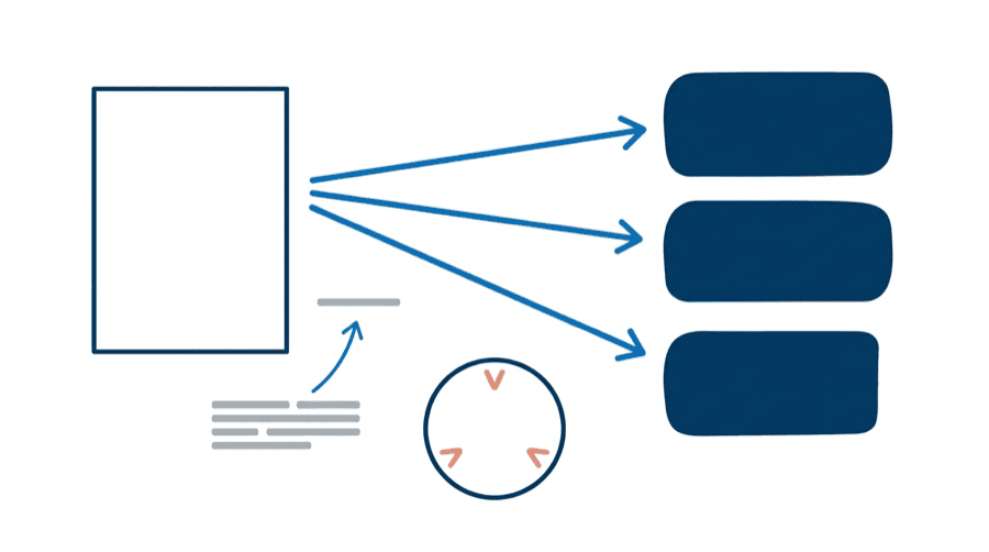 Illustration: a page fanning out along three arrows to three containers, with lines lifted off it and a three-notch dial below