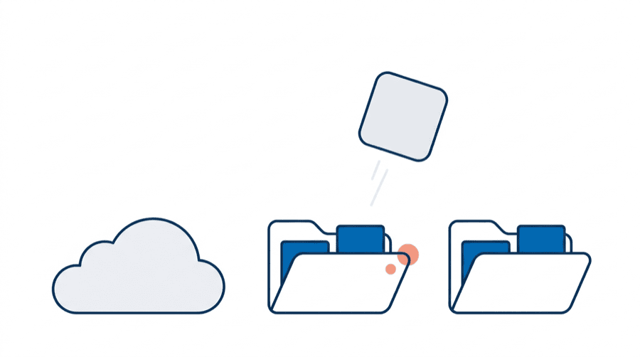 Illustration: a cloud and two folders holding page tiles safely, while an empty app tile drifts away above them