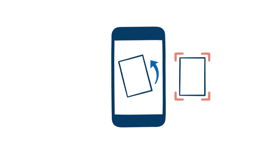 Illustration: a phone showing a crooked page rotating upright into a clean rectangle inside corner brackets