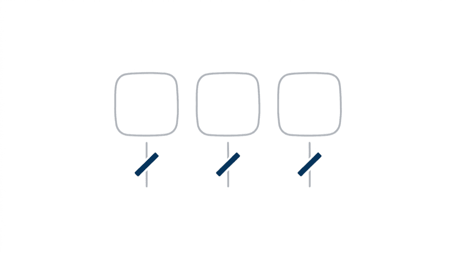 Illustration: three identical grey app tiles in a row, each with its power line cut by a small diagonal bar