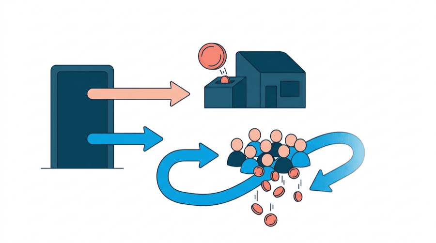 Illustration: a sturdy app tile on a solid base beside a coin, sending a page into a plain unmarked container