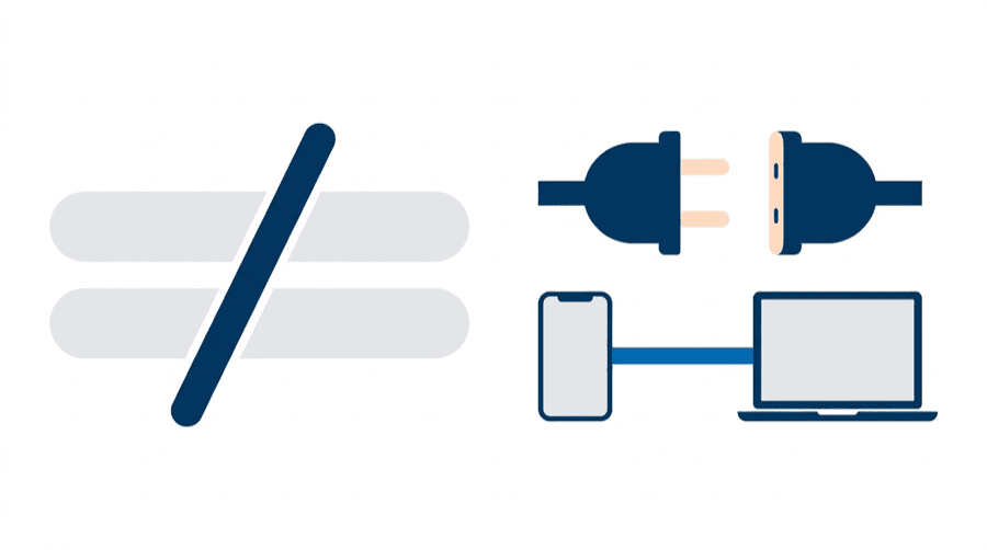 Illustration: two empty input bars crossed out, and an unplugged cable while a phone and laptop stay joined