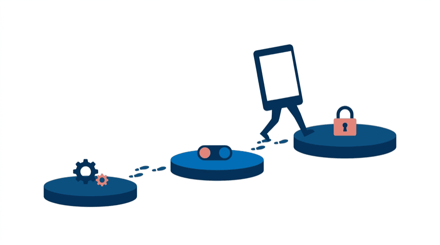 Illustration: a device with one arrow leaving freely and another blocked on the way in, above a tally with one mark filled