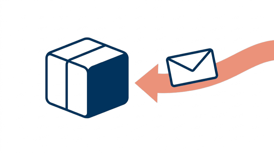 Illustration: a fully sealed box on one side and an envelope being handed toward it on the other