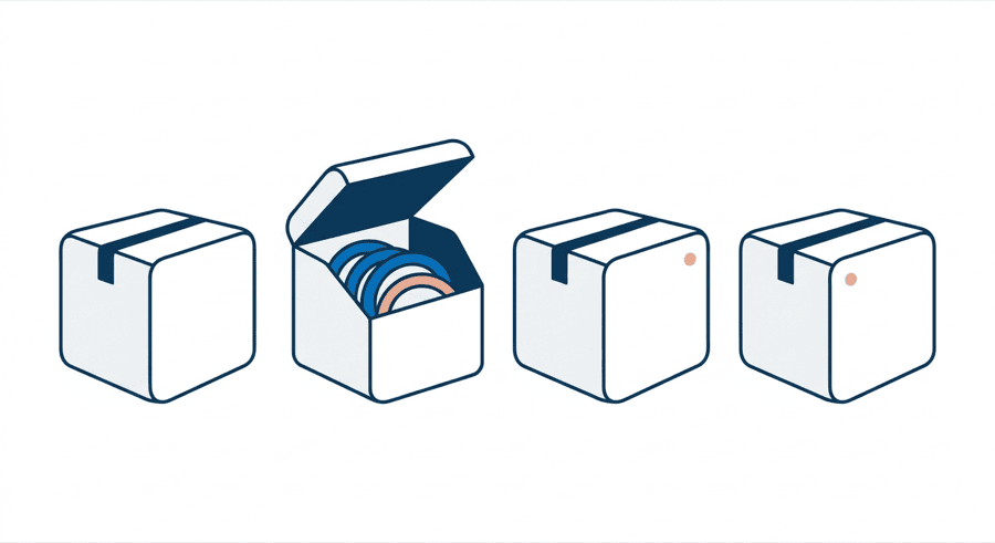 Illustration: four boxes in a row with only the second standing open and its stacked plates visible
