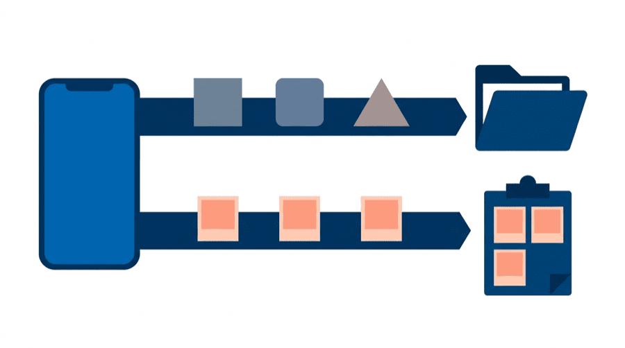 Illustration: two lanes from a phone, the upper carrying assorted file tiles into a folder and the lower photo tiles onto a clipboard