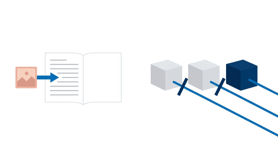 Illustration: a photo tile entering a document on the left, and one solid source box with two crossed-out look-alikes on the right