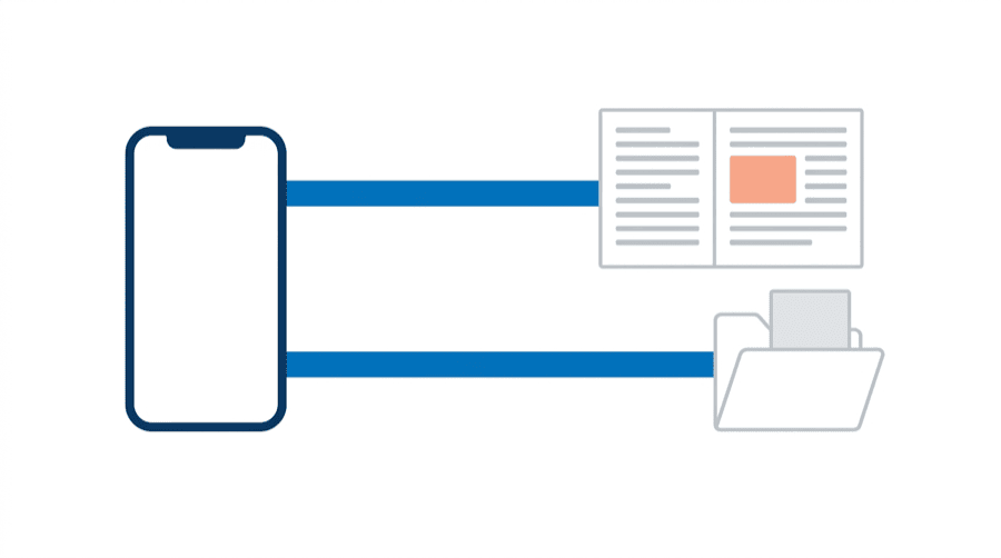 Illustration: two lanes, the upper ending with a photo already inside a document and the lower with a file waiting in a folder