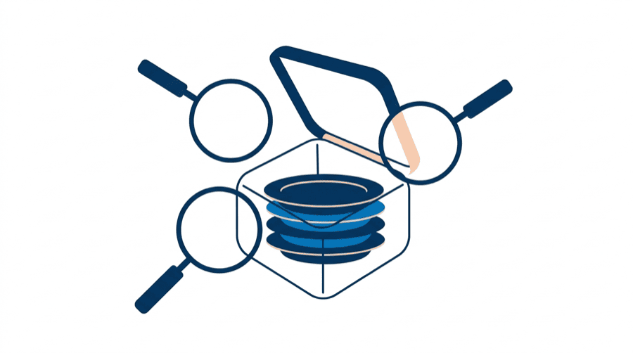 Illustration: an open box showing stacked plates inside, with three magnifiers leaning in from different directions
