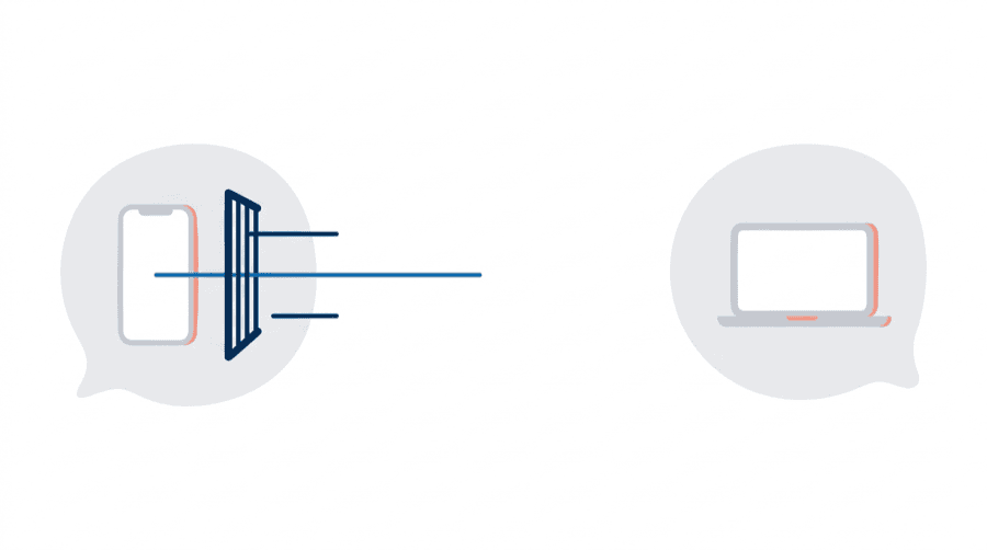 Illustration: two distant bubbles with a line stopping in the gap between them, and a barrier of bars inside one