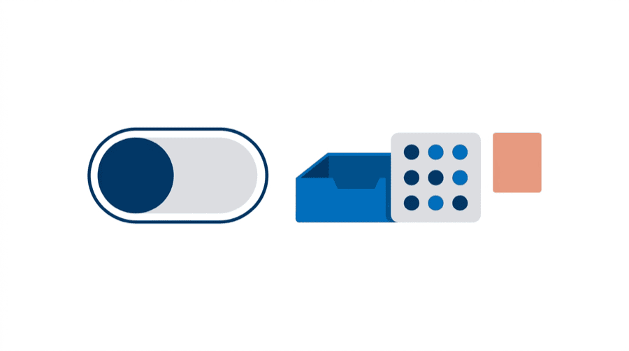 Illustration: a toggle switched off and a nine-dot keypad standing in front of an inbox tray, with a file waiting outside