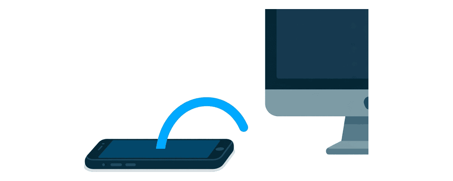 Illustration: a smartphone and a distant monitor, with one short blue arc stopping in the gap