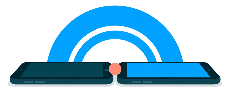 Illustration: two smartphones joined by one small coral dot and three wide blue arcs