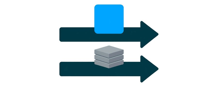 Illustration: two arrows side by side, the upper carrying one blue square and the lower a stack of grey squares