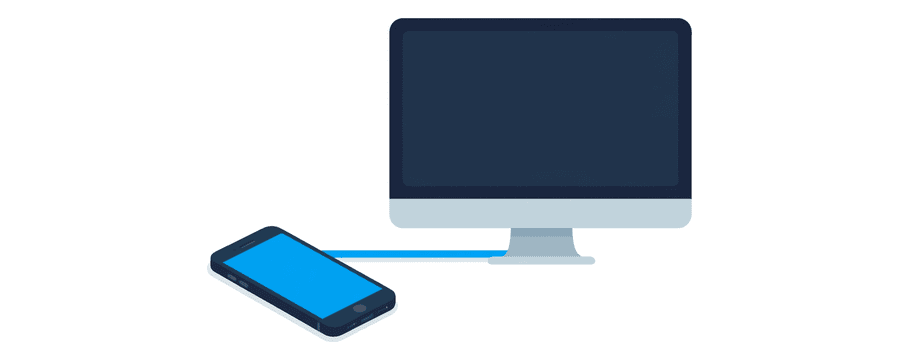 Illustration: a smartphone and a desktop monitor joined by one straight blue line