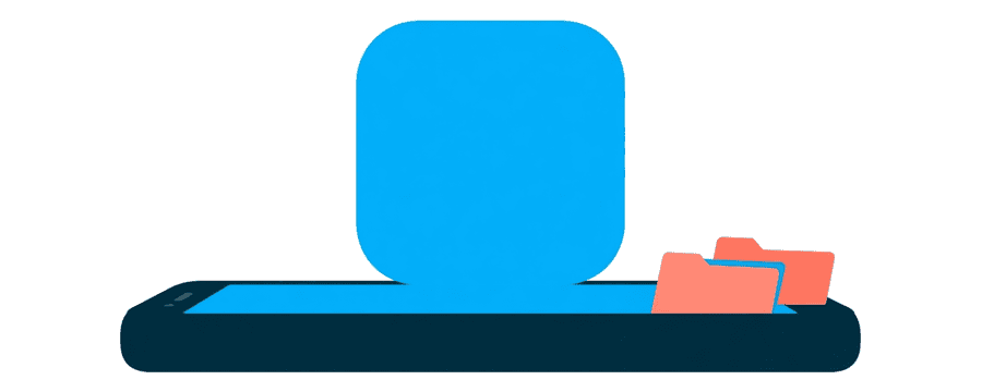 Illustration: a smartphone lying flat with a solid navy bar along its edge and three small coral file cards on the far side of the bar