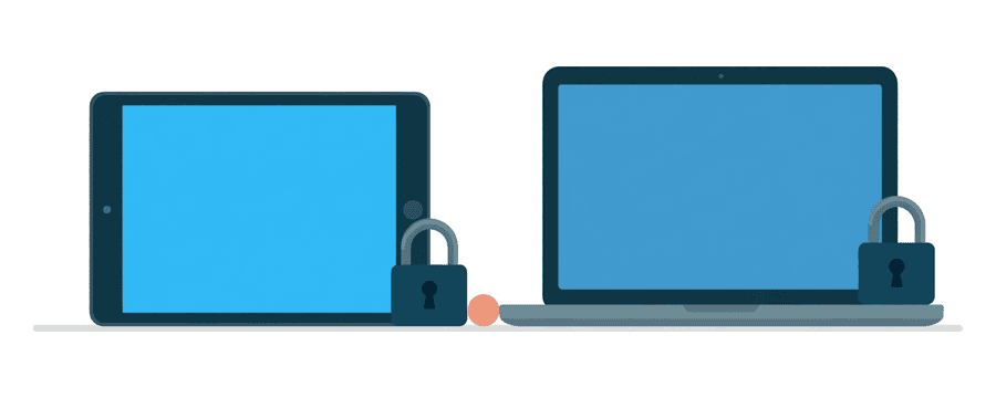 Illustration: a tablet and a laptop side by side, each with a small closed navy padlock resting on it and an amber dot between them